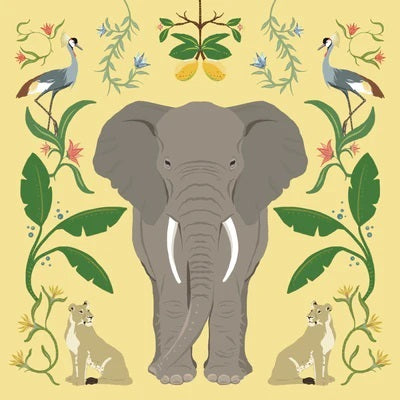 Elephant w/Botanicals - Yellow Background