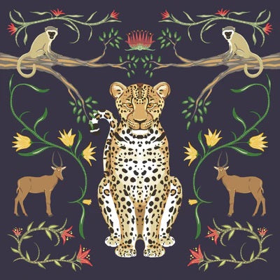 Leopard w/Botanicals - Blue Background