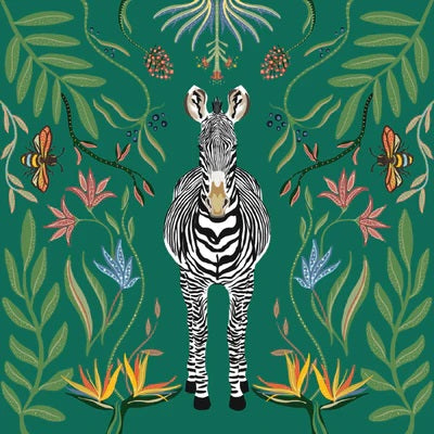 Zebra w/Botanicals - Green Background
