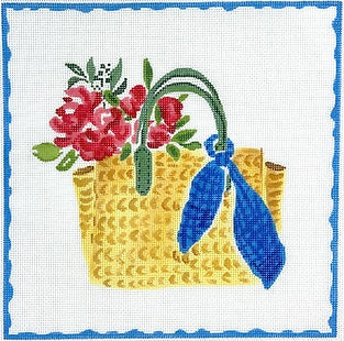 Straw Bag w/Blue Scarf & Flowers