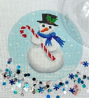 Snowman w/Candy Cane Ornament w/Clear Dome and Confetti