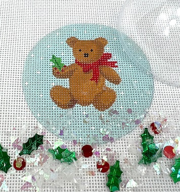 Teddy Bear w/Holly Ornament w/Clear Dome and Confetti