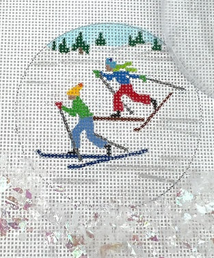 Cross Country Skiers Ornament w/Clear Dome and Confetti