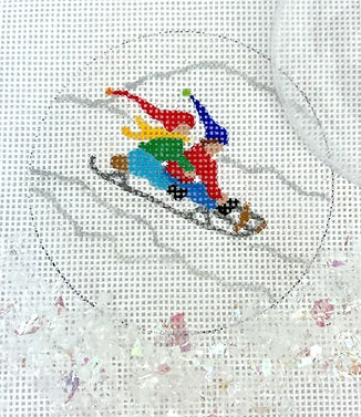 Kids Sledding Downhill Ornament w/Clear Dome and Confetti