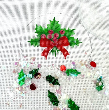 Holly Ornament w/Clear Dome and Confetti