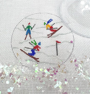 Downhill Skiers Ornament w/Clear Dome and Confetti