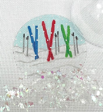 Skis and Poles Ornament w/Clear Dome and Confetti