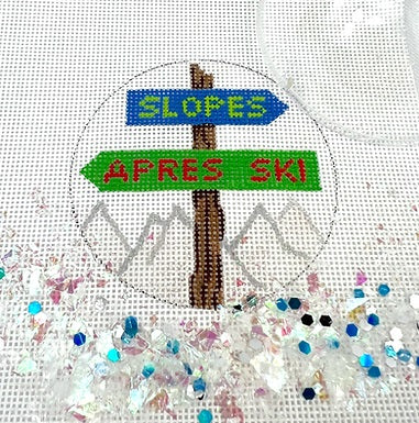 Ski Signpost Ornament w/Clear Dome and Confetti