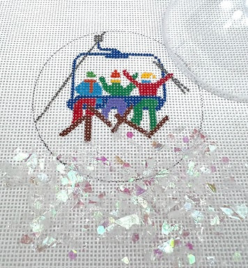 Skiers on Chairlift Ornament w/Clear Dome and Confetti
