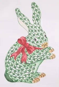 Herend Style Standing Fishnet Green Bunny w/Red Bow