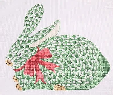 Herend Style Standing Fishnet Green Bunny Crouching w/Red Bow