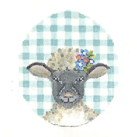 Curly Lamb w/Flower Crown on Green Gingham