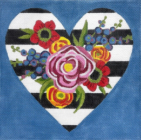 Black/White Stripe Floral Heart