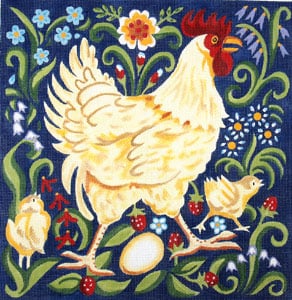 Buff Rooster w/Chicks - Wildflowers and Leaves