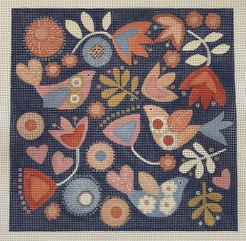 Peach Birds on Navy