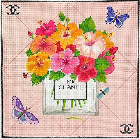 Designer Scarf Series - Chanel Inspired Flowers in No 5 Bottle 