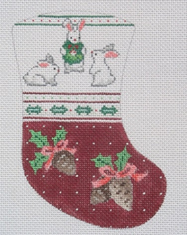 Three Bunnies/Holly/Pine Cones Mini Stocking