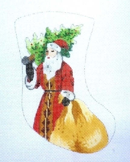 Santa Holding Christmas Tree & Gifts Bag Mini Stocking