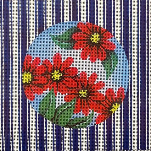 Red Lychnis on Blue Ticking Stripe (Patti Mann)
