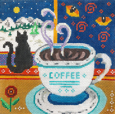 Coffee Cup - Black Cat at Window/Night Scene (MM Designs)