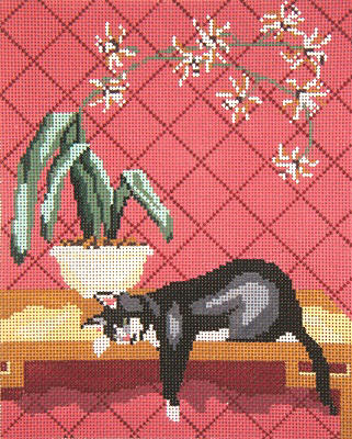Tuxedo Cat w/Orchid