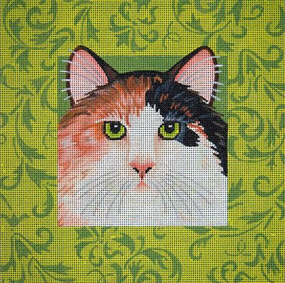 Calico Cat With Green Damask