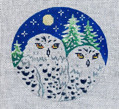 Two Snow Owls & Fir Trees   