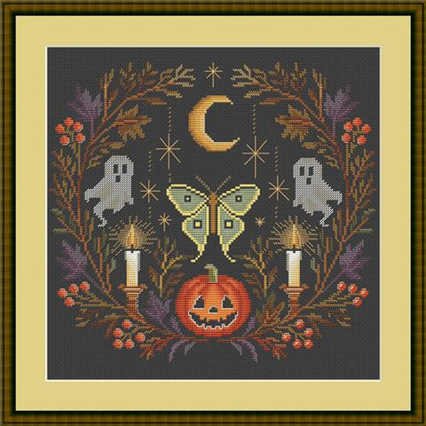 Pumpkin-Ghost Midnight Wreath (OHCrossStitch)