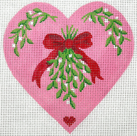 Christmas Ornament - Pink Heart w/Mistletoe & Red Bow (Kate Dickerson)