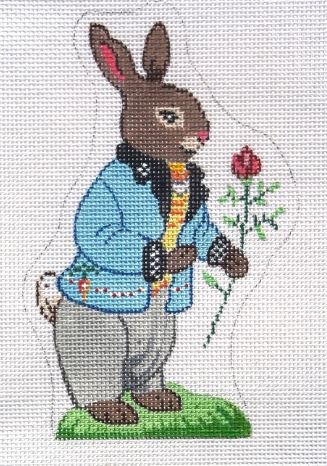 Standing Brown Boy Bunny / Holding Rose/ Blue Jacket 