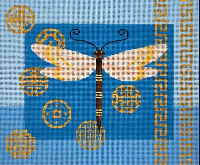 Dragonfly and Coins on Blue