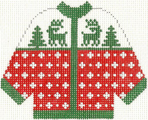 Red w/Green Reindeer Cardigan (Silver Needle)