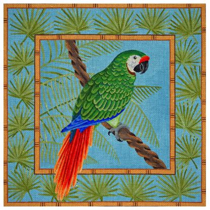 Green Macaw in Palm Leaves