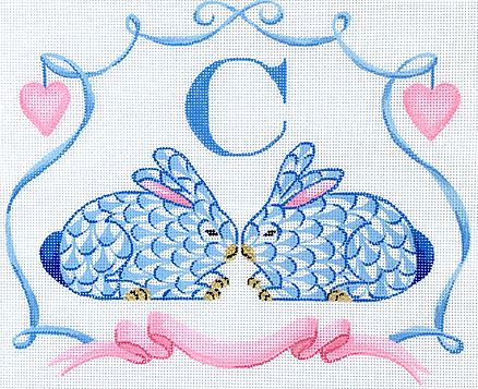 Fishnet Crouching Bunnies w/Hearts & Ribbon