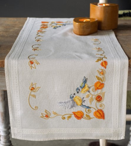  Chickadees with Cape Gooseberry Table Runner