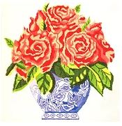 Small Blue Vase of Roses - Coral