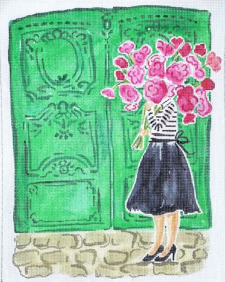 Mademoiselle w/Pink Flowers and Green Doors