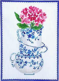 Blue/White Stacked Teacups w/Pink Flowers