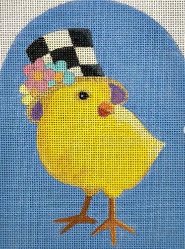 Easter Chick w/Checkered Hat and Flowers
