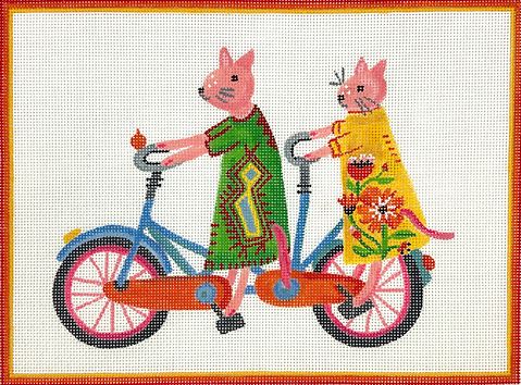 Two Kitties in Mexican Dresses on Bicycle Built for Two   