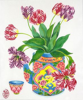 Tulips in a Peranakan Teapot w/Cup
