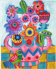 Pink and Blue Vase w/Flowers/Green Bird