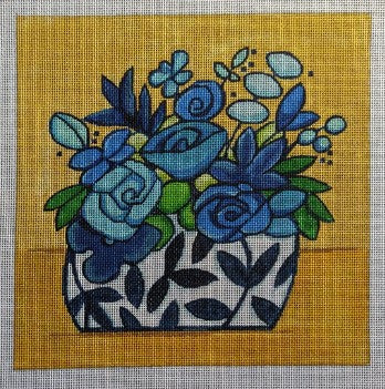 Floral in Blues on Yellow