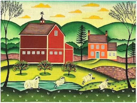 Red Barn w/Frolicking Sheep