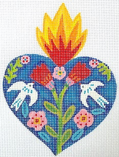 Milagro Heart w/Red Flowers/Doves/Red/Orange Flame 