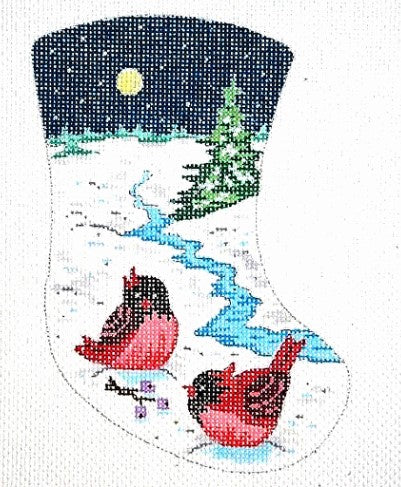 Two Cardinals/Fir Tree/Night Snow Scene