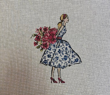 Girl in Blue Floral Dress Holding Flowers - 10x9"