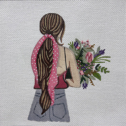 Girl w/Pink Ribbon and Bouquet (Alice Peterson)