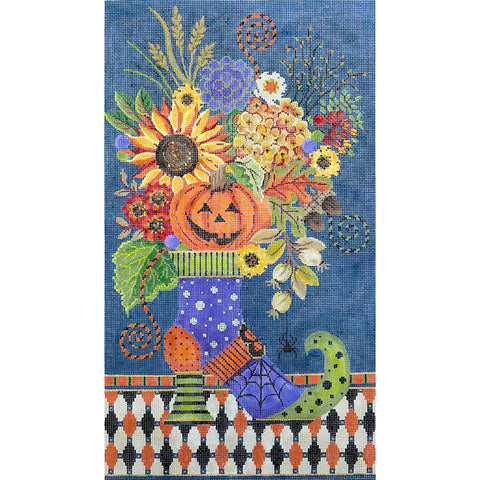 Halloween Floral in Witches Boot Vase (Kelly Clark Needlepoint)