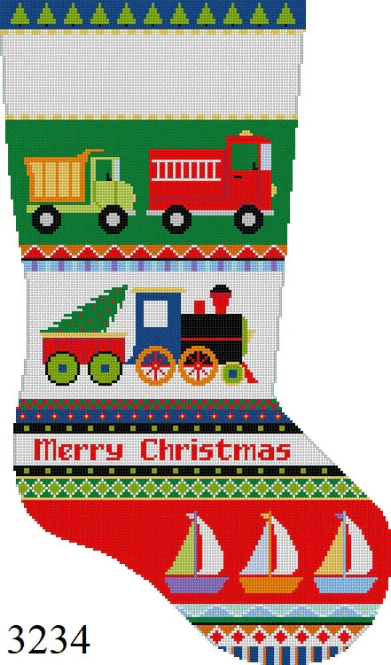 Bold Stripe Trucks/Train/Boats Stocking (Susan Roberts Needlepoint)